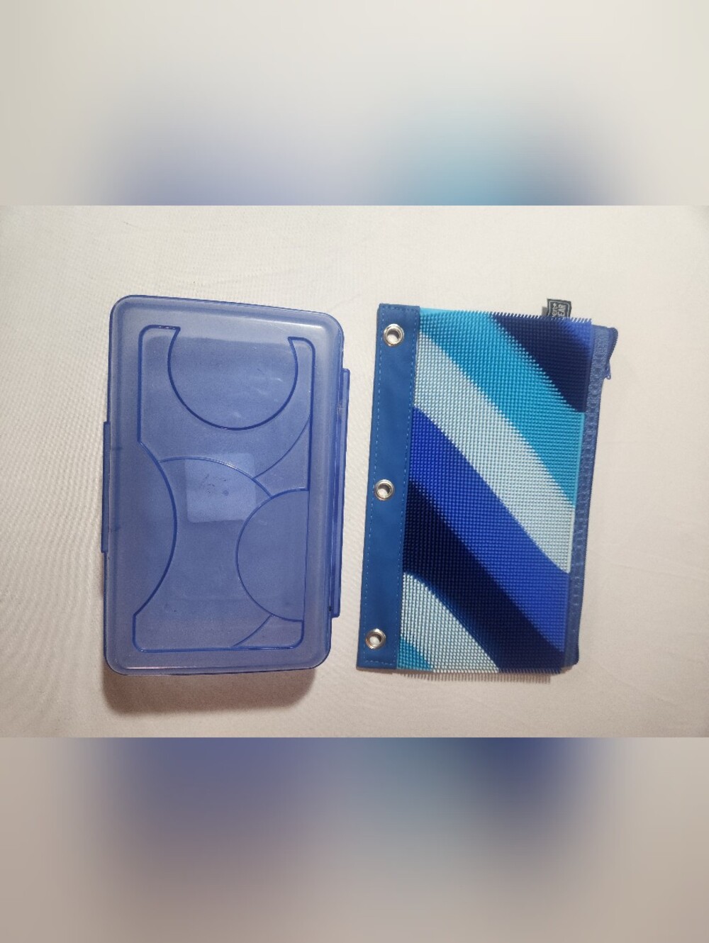 Blue and light blue diagonal striped pencil case and and pencil box